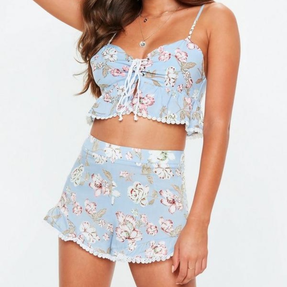 NWT Blue Floral Pattern Lace Trim Co Ord Set